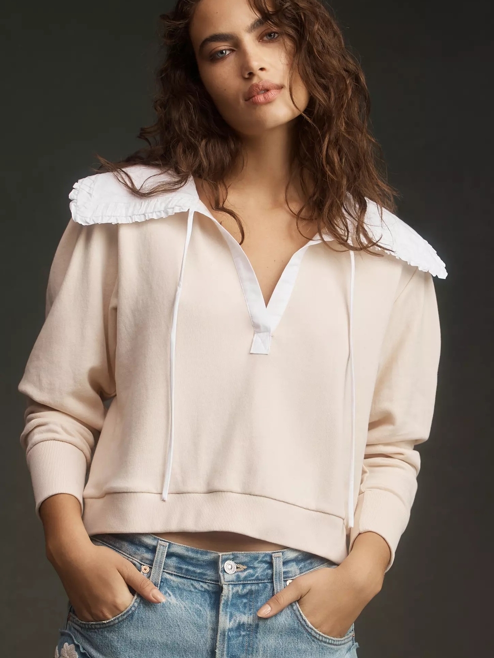 By Anthropologie Poplin-Collar V-Neck Sweatshirt pink XL bow big collar ruffle